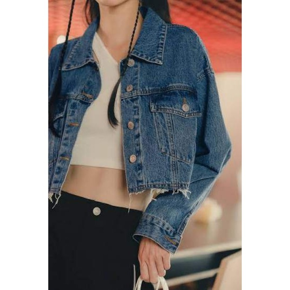 GRLFRND Cara Denim Jacket Women XS Blue Raw Hem Distressed GFDRN4012WH.02